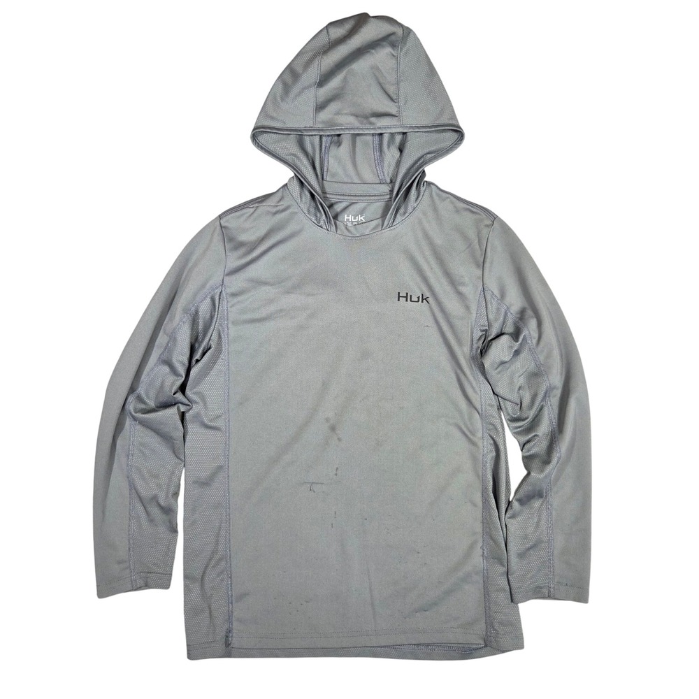 Huk Fishing Youth XL Grey Performance Long Sleeve Hooded Sun Shirt Mesh Panels